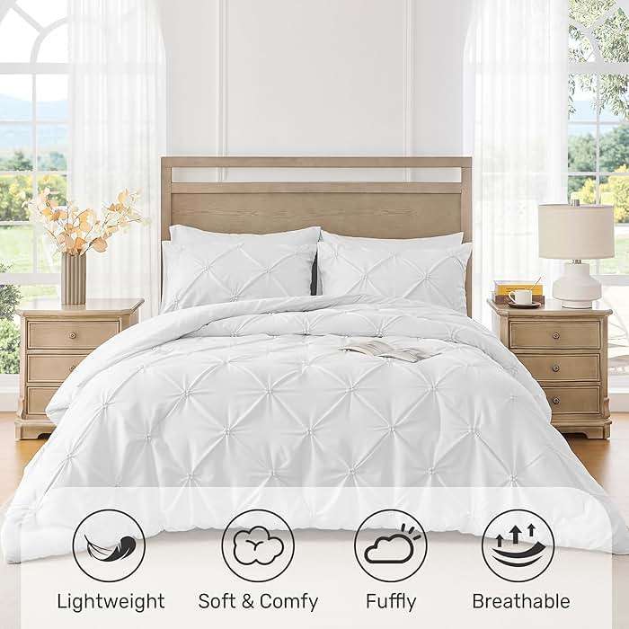 UNIKOME Queen Comforter Set White - Ultra Soft Boho Pintuck Down Alternative Bedding Set for All Seasons, 3 Pieces Lightweight Warm Pinch Pleat Bed Set with Comforter, 2 Pillowcases - Image 2
