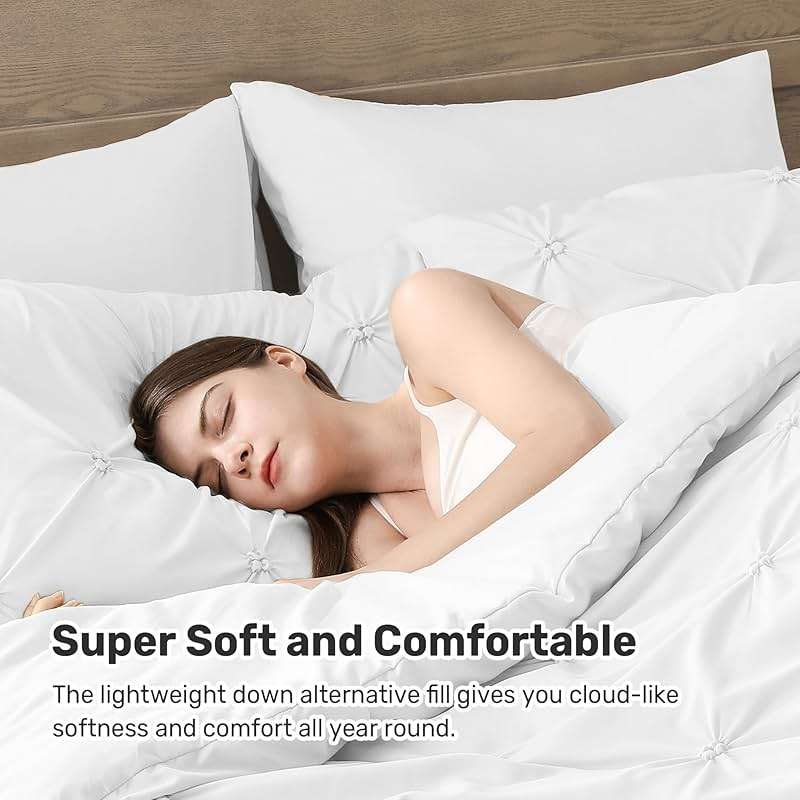 UNIKOME Queen Comforter Set White - Ultra Soft Boho Pintuck Down Alternative Bedding Set for All Seasons, 3 Pieces Lightweight Warm Pinch Pleat Bed Set with Comforter, 2 Pillowcases - Image 3