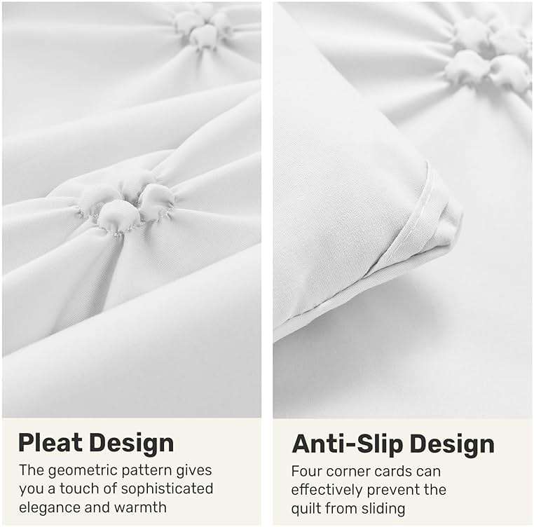 UNIKOME Queen Comforter Set White - Ultra Soft Boho Pintuck Down Alternative Bedding Set for All Seasons, 3 Pieces Lightweight Warm Pinch Pleat Bed Set with Comforter, 2 Pillowcases - Image 4