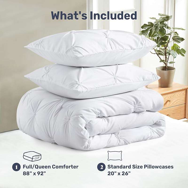 UNIKOME Queen Comforter Set White - Ultra Soft Boho Pintuck Down Alternative Bedding Set for All Seasons, 3 Pieces Lightweight Warm Pinch Pleat Bed Set with Comforter, 2 Pillowcases - Image 8