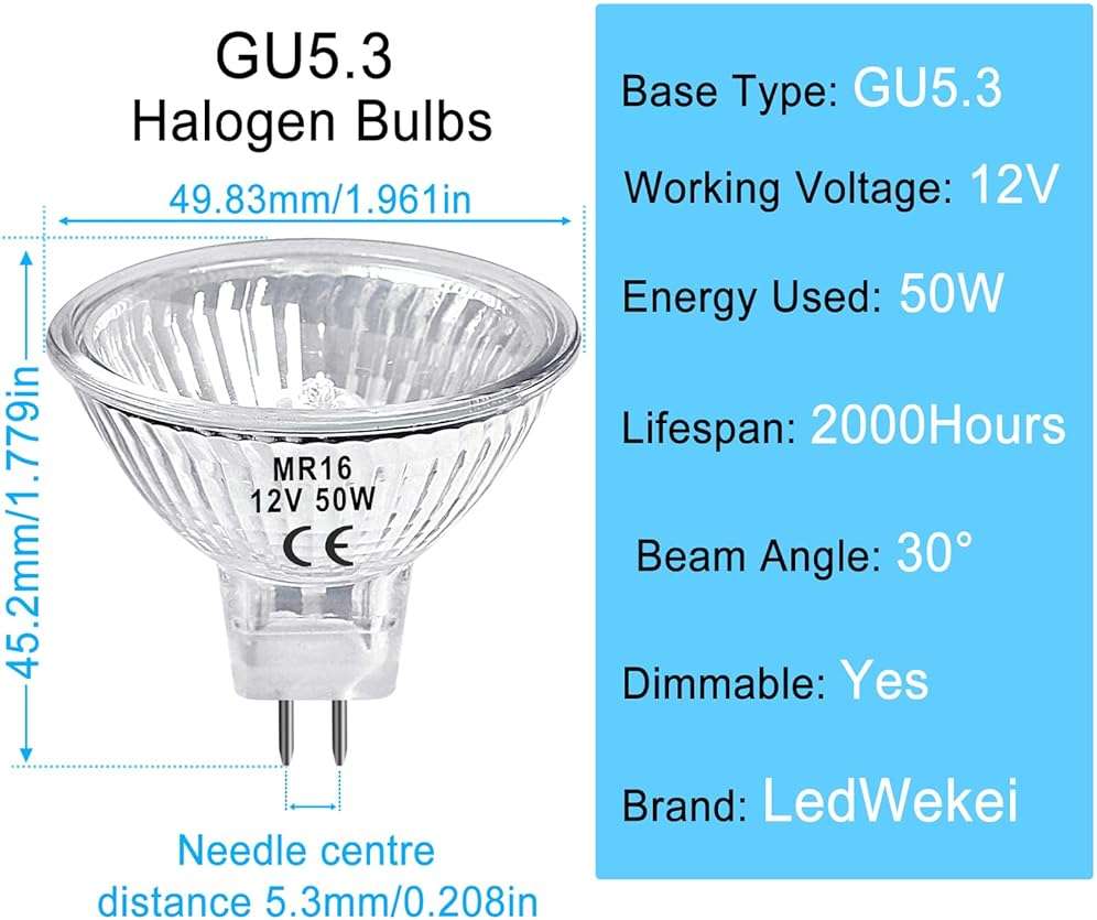 LedWekei Gu5.3 Halogen Bulbs,mr16 12v 50w Halogen Bulb,Dimmable 2700K Warm White Light Bulbs (6 Pack) - Image 2