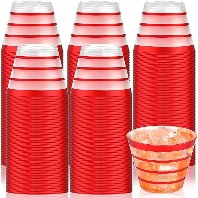 Yaomiao 100 Pcs 9oz Rimmed (4 Ring) Disposable Cups Clear Disposable Wine Glasses Plastic Cup Plastic Cocktail Cups for Christmas Wedding Party Holiday Birthday Gathering(Red) - Image 1