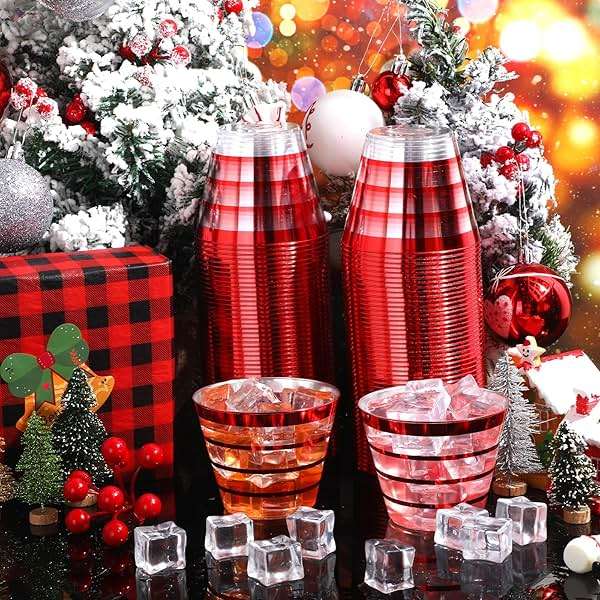 Yaomiao 100 Pcs 9oz Rimmed (4 Ring) Disposable Cups Clear Disposable Wine Glasses Plastic Cup Plastic Cocktail Cups for Christmas Wedding Party Holiday Birthday Gathering(Red) - Image 2