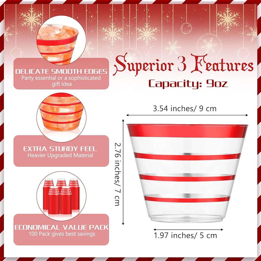 Yaomiao 100 Pcs 9oz Rimmed (4 Ring) Disposable Cups Clear Disposable Wine Glasses Plastic Cup Plastic Cocktail Cups for Christmas Wedding Party Holiday Birthday Gathering(Red) - Image 3