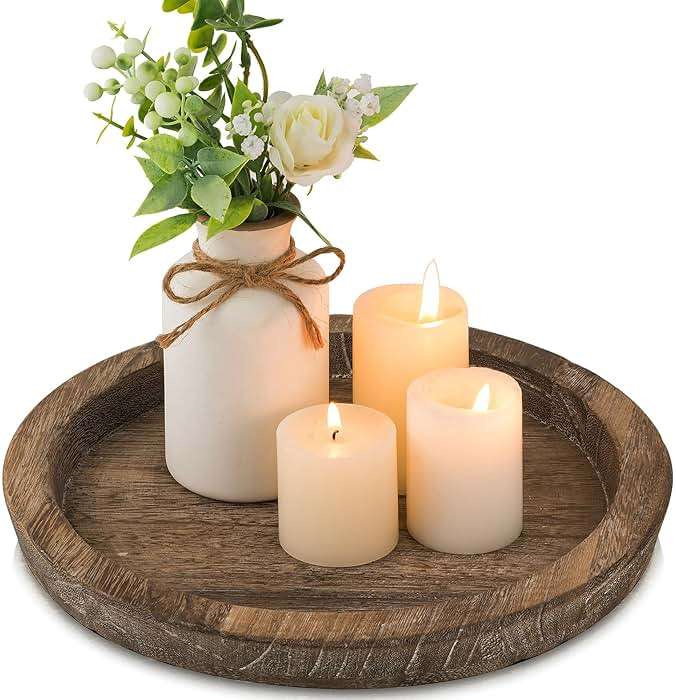 Hanobe Candle Plate Holder Tray: Round Wood Decorative Candle Plate - Rustic Farmhouse CoffeeTable Decor - Tealight Pillar Trays for Home Decor (Distressed) - Image 1