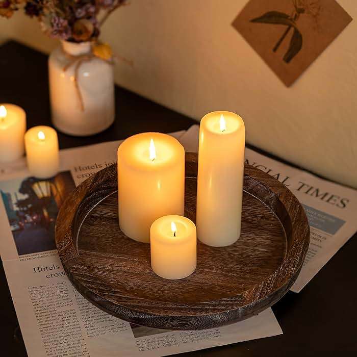 Hanobe Candle Plate Holder Tray: Round Wood Decorative Candle Plate - Rustic Farmhouse CoffeeTable Decor - Tealight Pillar Trays for Home Decor (Distressed) - Image 2