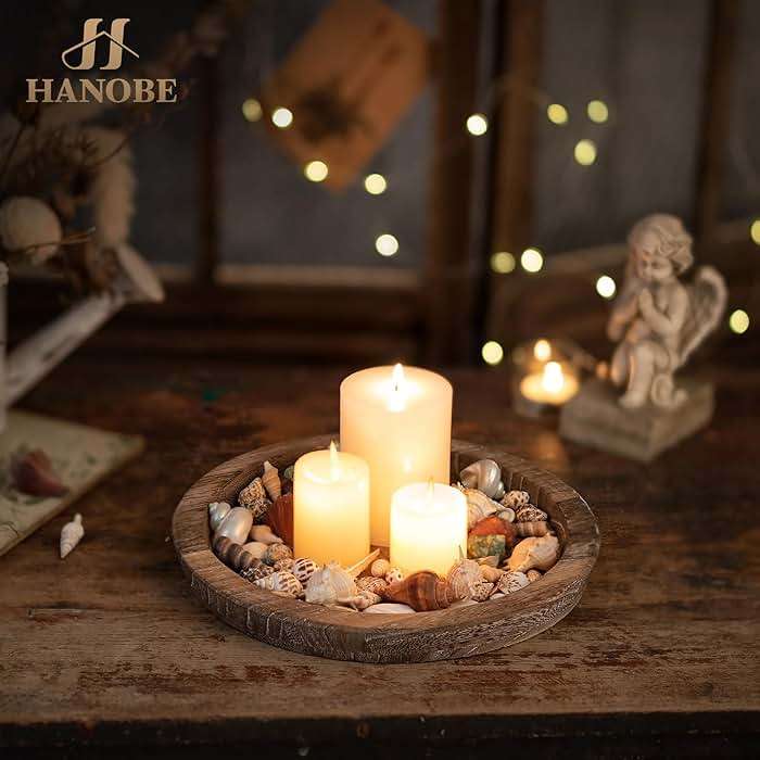 Hanobe Candle Plate Holder Tray: Round Wood Decorative Candle Plate - Rustic Farmhouse CoffeeTable Decor - Tealight Pillar Trays for Home Decor (Distressed) - Image 5