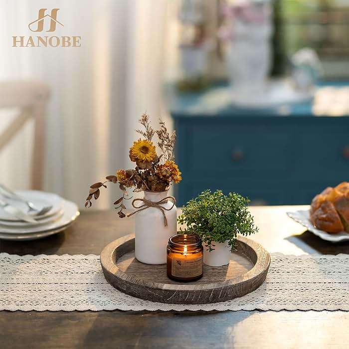 Hanobe Candle Plate Holder Tray: Round Wood Decorative Candle Plate - Rustic Farmhouse CoffeeTable Decor - Tealight Pillar Trays for Home Decor (Distressed) - Image 6