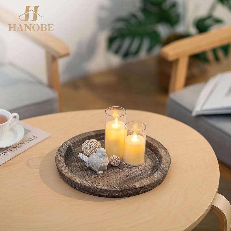 Hanobe Candle Plate Holder Tray: Round Wood Decorative Candle Plate - Rustic Farmhouse CoffeeTable Decor - Tealight Pillar Trays for Home Decor (Distressed) - Image 8
