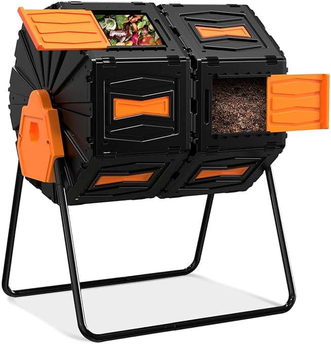 Compost Tumbler, Easy Assemble & Efficient Outdoor Compost Bin, 45 Gallon/170 Liter Large Dual Chamber Rotating Composter for Garden, Kitchen, and Yard Waste, Orange Door - Image 1