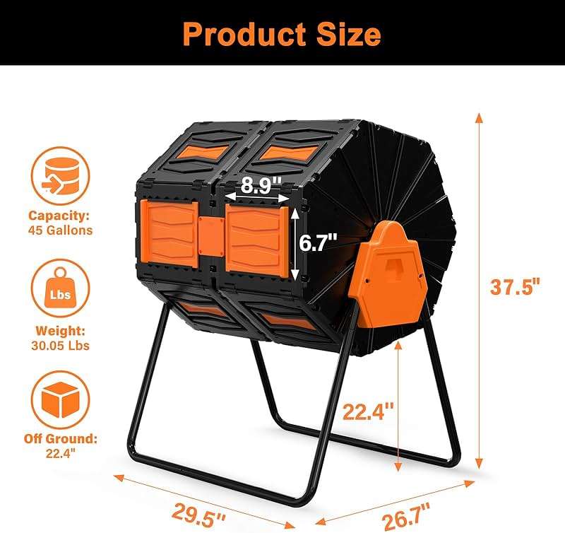 Compost Tumbler, Easy Assemble & Efficient Outdoor Compost Bin, 45 Gallon/170 Liter Large Dual Chamber Rotating Composter for Garden, Kitchen, and Yard Waste, Orange Door - Image 2
