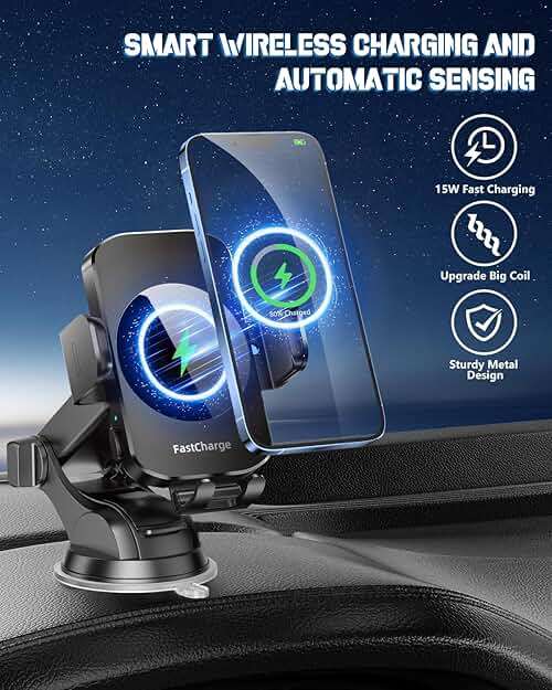 BothLin 3-in-1 Wireless Car Charger Mount, 15W Fast Charging Auto-Clamping Phone Holder for iPhone 17 16 15 14, Samsung Galaxy S24 S23, Dashboard, Vent & Windshield Car Mount(Black) - Image 2
