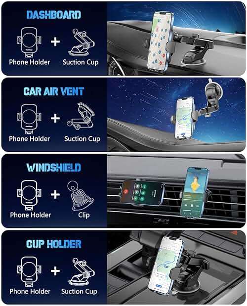 BothLin 3-in-1 Wireless Car Charger Mount, 15W Fast Charging Auto-Clamping Phone Holder for iPhone 17 16 15 14, Samsung Galaxy S24 S23, Dashboard, Vent & Windshield Car Mount(Black) - Image 3