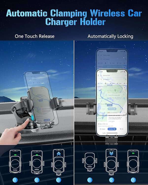 BothLin 3-in-1 Wireless Car Charger Mount, 15W Fast Charging Auto-Clamping Phone Holder for iPhone 17 16 15 14, Samsung Galaxy S24 S23, Dashboard, Vent & Windshield Car Mount(Black) - Image 4
