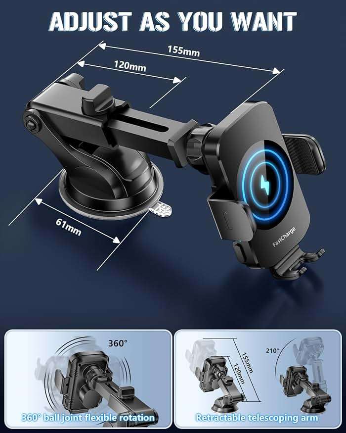BothLin 3-in-1 Wireless Car Charger Mount, 15W Fast Charging Auto-Clamping Phone Holder for iPhone 17 16 15 14, Samsung Galaxy S24 S23, Dashboard, Vent & Windshield Car Mount(Black) - Image 5