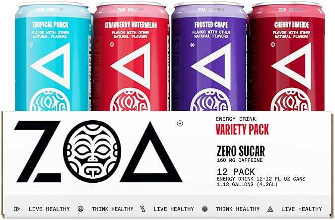 ZOA Zero Sugar Energy Drinks with Electrolytes, Vitamin C, Amino Acids, B-Vitamins, Made with Green Tea Caffeine, Sugar-Free Variety Pack- Four Flavors, 12 Fl Oz Cans (12-Pack) - Image 1