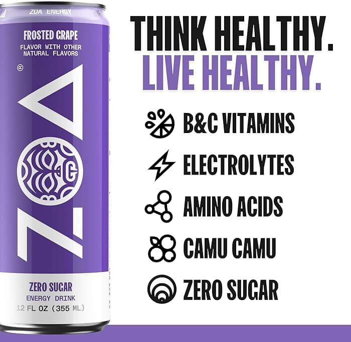 ZOA Zero Sugar Energy Drinks with Electrolytes, Vitamin C, Amino Acids, B-Vitamins, Made with Green Tea Caffeine, Sugar-Free Variety Pack- Four Flavors, 12 Fl Oz Cans (12-Pack) - Image 3