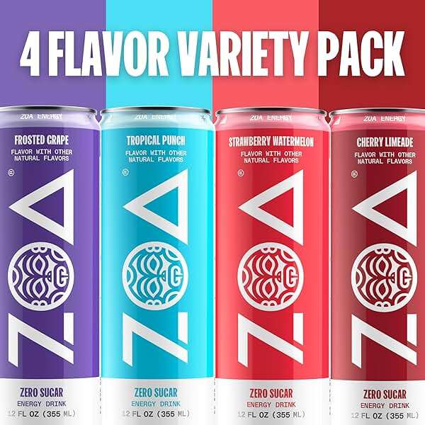 ZOA Zero Sugar Energy Drinks with Electrolytes, Vitamin C, Amino Acids, B-Vitamins, Made with Green Tea Caffeine, Sugar-Free Variety Pack- Four Flavors, 12 Fl Oz Cans (12-Pack) - Image 4