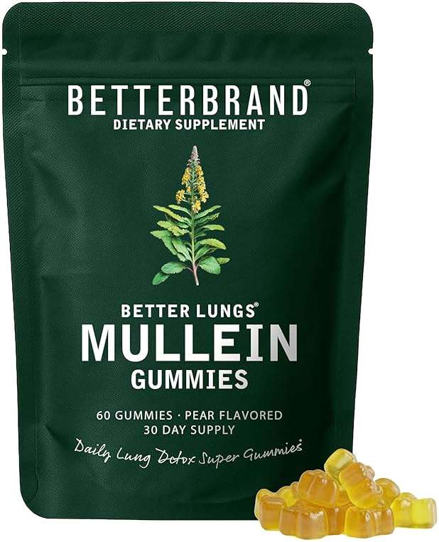 Betterbrand Mullein Chewable Gummies for Lung Cleanse and Detox, Respiratory Health Supplement, 2000mg Mullein Extract per Serving, 50:1 Extract - 30 Day Supply - Pear Flavored - Image 1