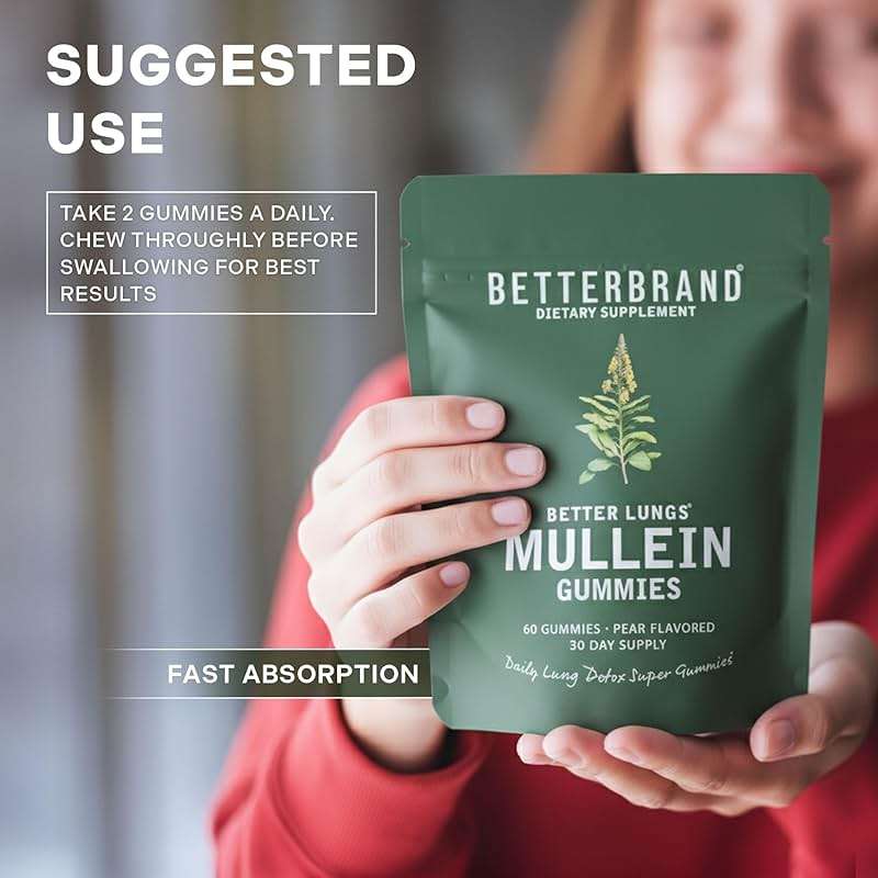 Betterbrand Mullein Chewable Gummies for Lung Cleanse and Detox, Respiratory Health Supplement, 2000mg Mullein Extract per Serving, 50:1 Extract - 30 Day Supply - Pear Flavored - Image 5
