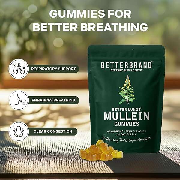 Betterbrand Mullein Chewable Gummies for Lung Cleanse and Detox, Respiratory Health Supplement, 2000mg Mullein Extract per Serving, 50:1 Extract - 30 Day Supply - Pear Flavored - Image 6