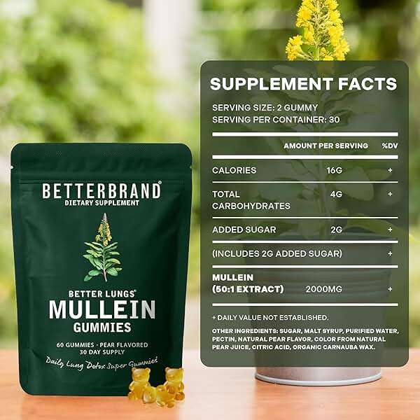 Betterbrand Mullein Chewable Gummies for Lung Cleanse and Detox, Respiratory Health Supplement, 2000mg Mullein Extract per Serving, 50:1 Extract - 30 Day Supply - Pear Flavored - Image 8