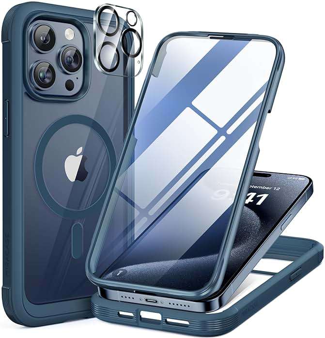 Miracase Magnetic for iPhone 15 Pro Max Case 6.7'' [Compatible with Magsafe] Full-Body Drop Proof Phone Case for iPhone 15 Pro Max with Built-in 9H Tempered Glass Screen Protector,Blue - Image 1