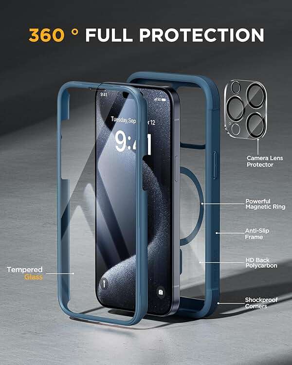 Miracase Magnetic for iPhone 15 Pro Max Case 6.7'' [Compatible with Magsafe] Full-Body Drop Proof Phone Case for iPhone 15 Pro Max with Built-in 9H Tempered Glass Screen Protector,Blue - Image 3