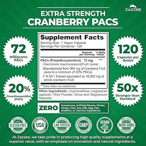 Zazzee Cranberry PACs 72 mg per Capsule, 50:1 Extract, 120 Vegan Capsules, 2X Strength, 4 Month Supply, Fast-Acting, Effective Urinary Tract & Bladder Support, 100% Soluble PACs, Made in the USA - Image 2