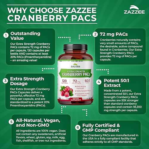 Zazzee Cranberry PACs 72 mg per Capsule, 50:1 Extract, 120 Vegan Capsules, 2X Strength, 4 Month Supply, Fast-Acting, Effective Urinary Tract & Bladder Support, 100% Soluble PACs, Made in the USA - Image 5