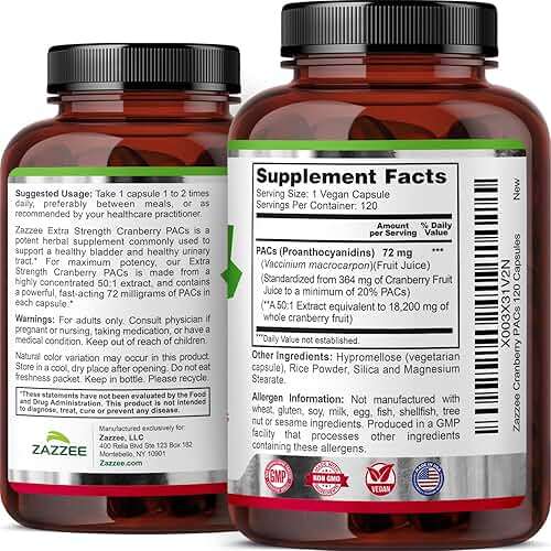 Zazzee Cranberry PACs 72 mg per Capsule, 50:1 Extract, 120 Vegan Capsules, 2X Strength, 4 Month Supply, Fast-Acting, Effective Urinary Tract & Bladder Support, 100% Soluble PACs, Made in the USA - Image 8