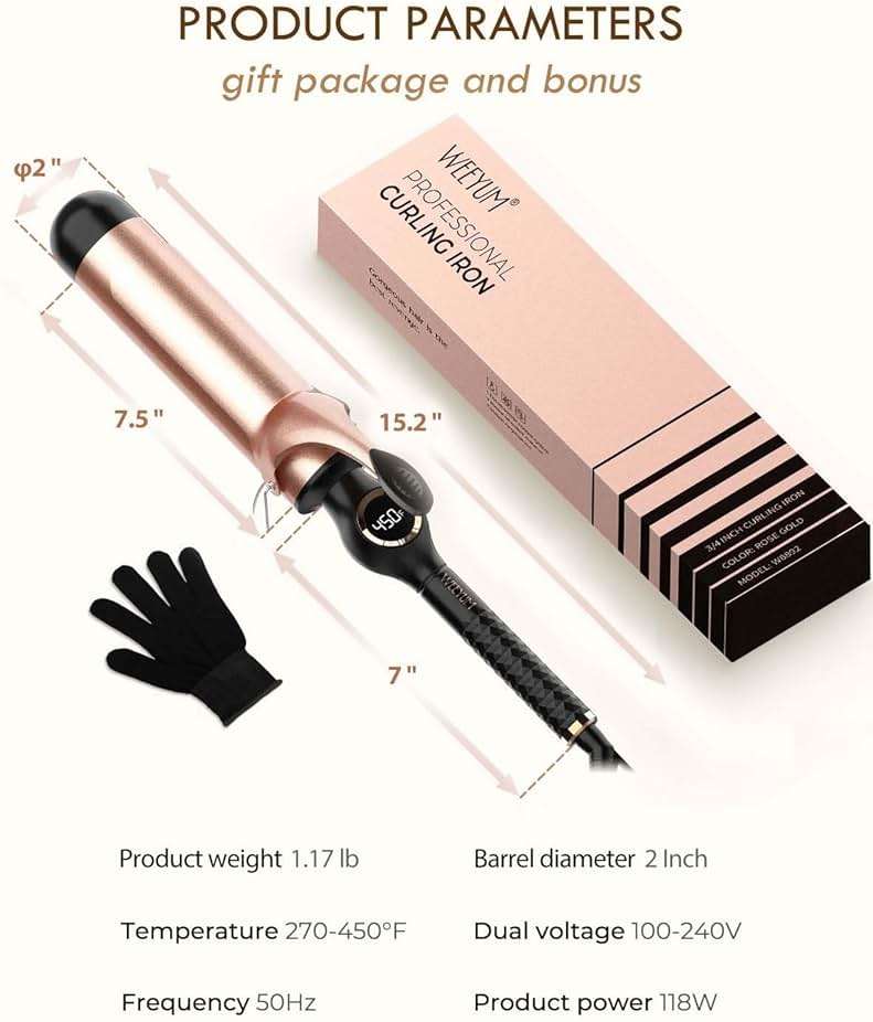 Large Curling Iron 2 Inch, Ceramic Long Barrel Hair Curling Wand, Hair Styling Tool, Dual Voltage, LCD Display, Black - Image 6