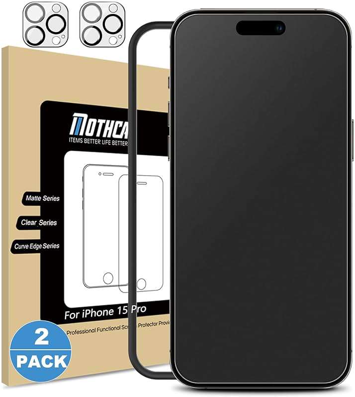 Mothca 2 Pack Matte Glass Screen Protector for iPhone 15 Pro [6.1 inch] + 2 Pack Camera Lens Protector, Anti-Glare & Anti-Fingerprint Case Friendly Tempered Glass Film, Bubble Free, Smooth as Silk - Image 1