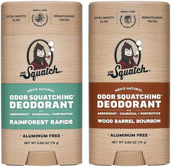 Dr. Squatch Natural Men’s Deodorant – Aluminum Free Natural Deodorant Men with Charcoal & Postbiotics for 72-Hour Odor Protection – Rainforest Rapids + Wood Barrel Bourbon, 2.65oz Stick (2-Pack) - Image 1