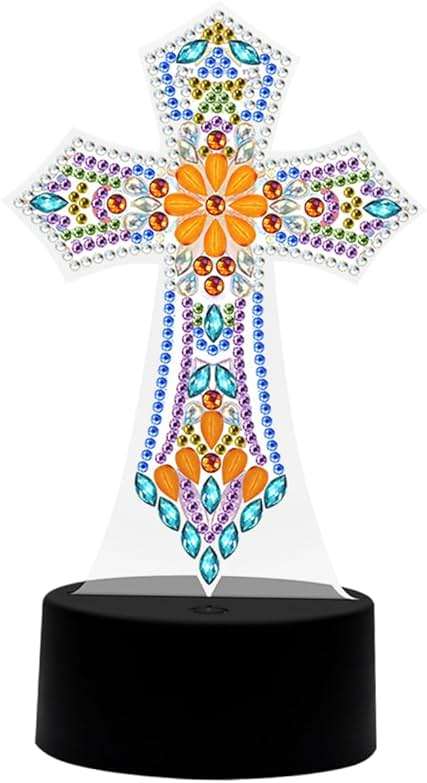 DOITOOL Cross Lamp Cross Light DIY Rhinestones Painting Crafts Religious Decorative Table Lamp Bedside Lamp Nursery Room Light Sleep Night Light Desk Shaped Drill Decorations - Image 1