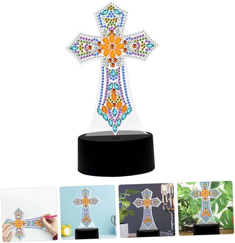 DOITOOL Cross Lamp Cross Light DIY Rhinestones Painting Crafts Religious Decorative Table Lamp Bedside Lamp Nursery Room Light Sleep Night Light Desk Shaped Drill Decorations - Image 2