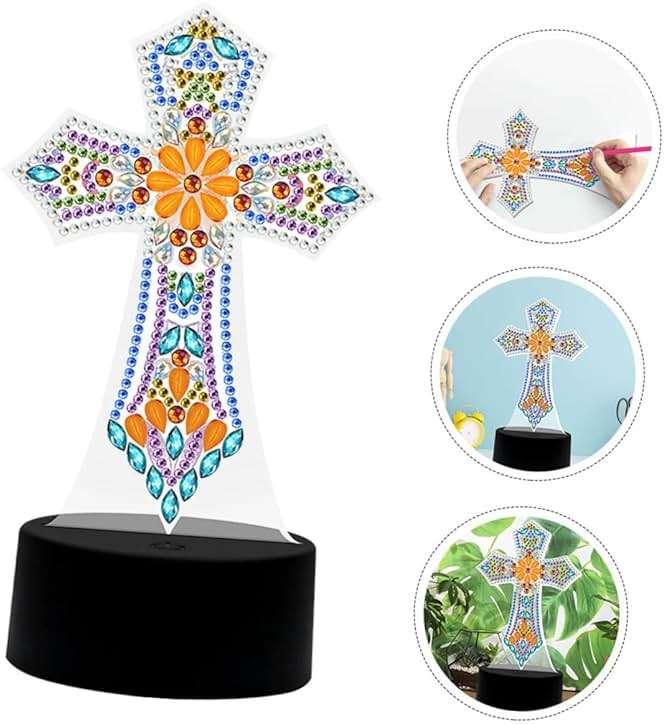 DOITOOL Cross Lamp Cross Light DIY Rhinestones Painting Crafts Religious Decorative Table Lamp Bedside Lamp Nursery Room Light Sleep Night Light Desk Shaped Drill Decorations - Image 4