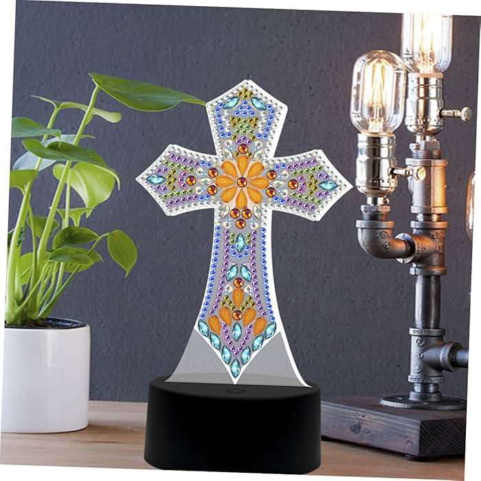 DOITOOL Cross Lamp Cross Light DIY Rhinestones Painting Crafts Religious Decorative Table Lamp Bedside Lamp Nursery Room Light Sleep Night Light Desk Shaped Drill Decorations - Image 6