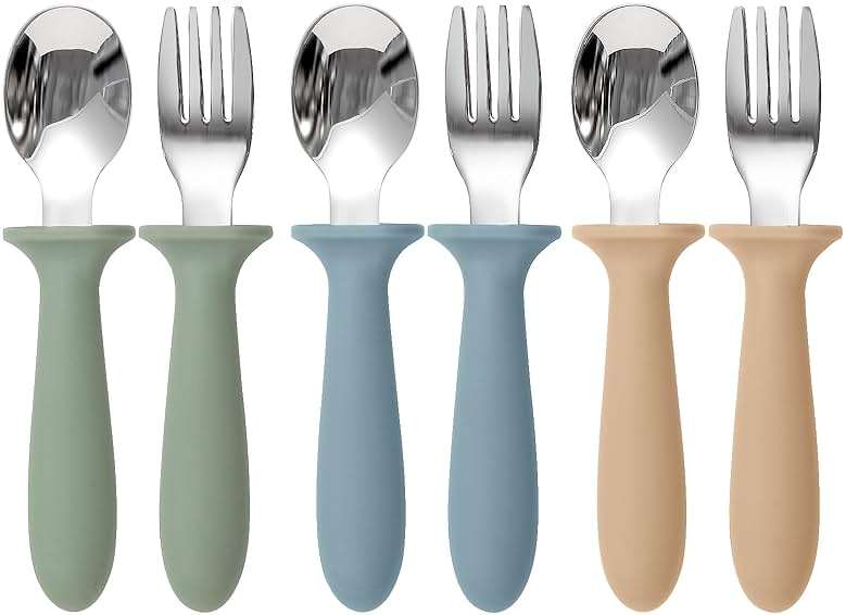 Eascrozn Toddler Utensils, 6 Pack kids Silverware Set with Silicone Handle, 18/8 Stainless Steel Children Safe Forks and Spoons, Dishwasher Safe - Image 1