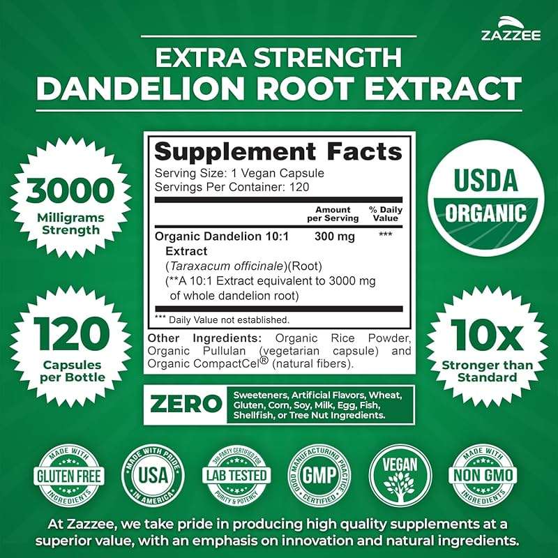 Zazzee USDA Organic Dandelion Root 10:1 Extract, 120 Capsules, 4 Month Supply, Liver & Detox Support, Taraxacum Officinale, Organic Herbal Supplement, All-Natural, Non-GMO, Made in the USA - Image 2