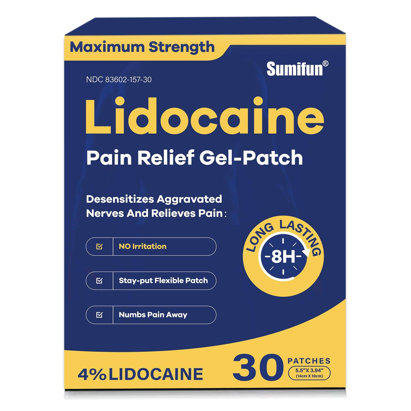 Sumifun 4% Lidocaine Pain Relief Patches 30 Count Maximum Strength Numbing Gel Patch for Back Knee Neck Joint Ache Muscle Soreness Topical Analgesic - Image 1
