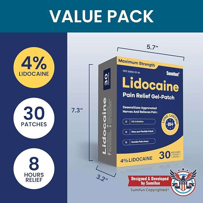 Sumifun 4% Lidocaine Pain Relief Patches 30 Count Maximum Strength Numbing Gel Patch for Back Knee Neck Joint Ache Muscle Soreness Topical Analgesic - Image 5