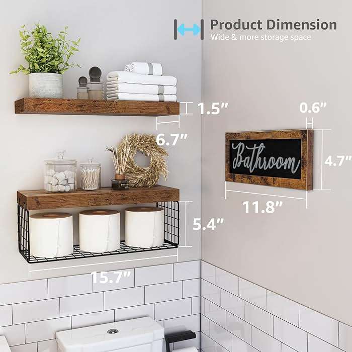 QEEIG Bathroom Shelves Over Toilet - Paper Storage Wall Mounted Farmhouse Decor Decorations Aesthetic Décor Sign Small Floating Shelf 2+1 Set 16 inch, Rustic Brown (020BN) - Image 3