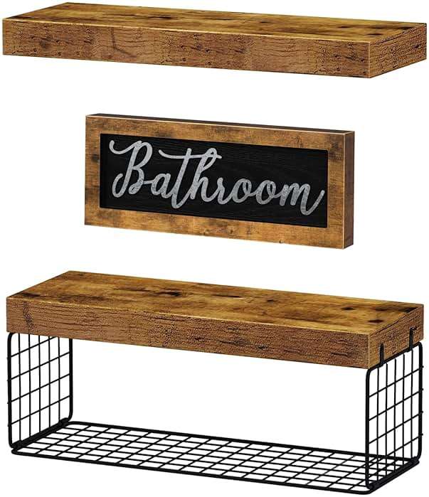 QEEIG Bathroom Shelves Over Toilet - Paper Storage Wall Mounted Farmhouse Decor Decorations Aesthetic Décor Sign Small Floating Shelf 2+1 Set 16 inch, Rustic Brown (020BN) - Image 6