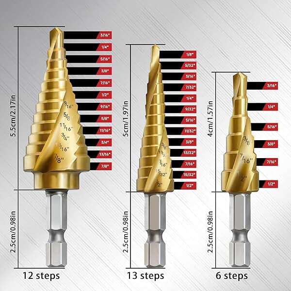 AIMLENTOOL 3PC Step Drill Bit Set, 1/4" Hex Shank High-Speed Steel Spiral Grooved Step Drill Bit for Sheet Aluminium Metal Wood Hole Drilling, 31 Step Sizes Taper Drill bit Set for DIY Lovers - Image 2