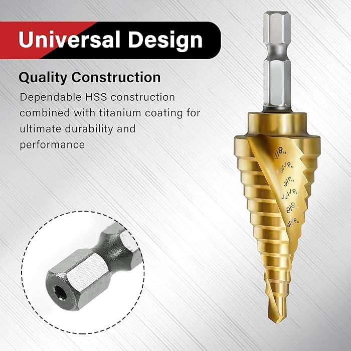 AIMLENTOOL 3PC Step Drill Bit Set, 1/4" Hex Shank High-Speed Steel Spiral Grooved Step Drill Bit for Sheet Aluminium Metal Wood Hole Drilling, 31 Step Sizes Taper Drill bit Set for DIY Lovers - Image 4