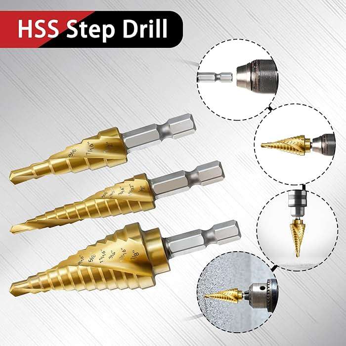AIMLENTOOL 3PC Step Drill Bit Set, 1/4" Hex Shank High-Speed Steel Spiral Grooved Step Drill Bit for Sheet Aluminium Metal Wood Hole Drilling, 31 Step Sizes Taper Drill bit Set for DIY Lovers - Image 5