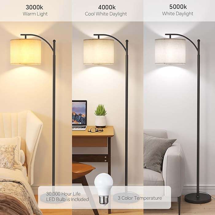 SUNMORY Arc Floor Lamp,Modern Floor Lamp with 3 Color Temperatures Bulb,Metal Standing Lamps with Adjustable Hanging Lampshade,Tall Floor Lamps for Living Room (Black) - Image 2