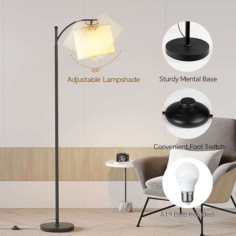 SUNMORY Arc Floor Lamp,Modern Floor Lamp with 3 Color Temperatures Bulb,Metal Standing Lamps with Adjustable Hanging Lampshade,Tall Floor Lamps for Living Room (Black) - Image 4