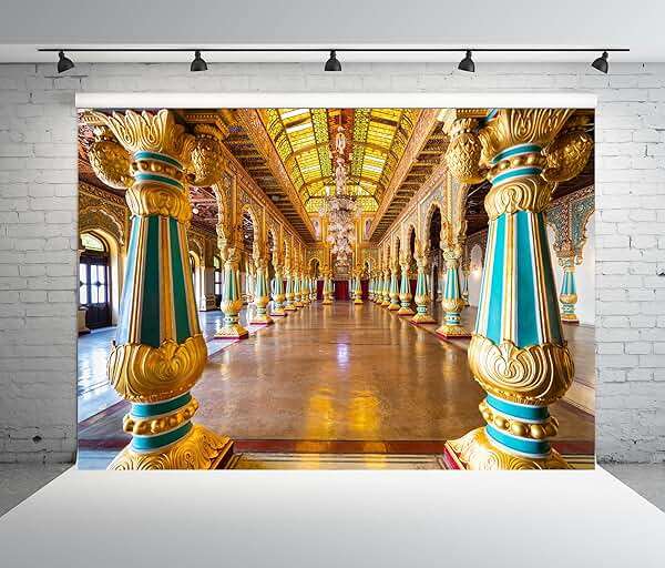 BELECO 7x5ft Fabric Royal Indian Palace Backdrop Mysore Palace,Karnataka,India Gilded Columns Glass Ceiling with Luxurious Chandeliers Background Indian Travel Portrait Photo Shoot Studio Props - Image 2